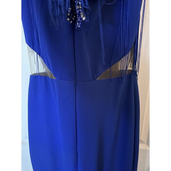 Odrella Royal Blue Event Gown Tassel  Mesh Cut out Beaded Design Size 6 - Picture 15 of 16